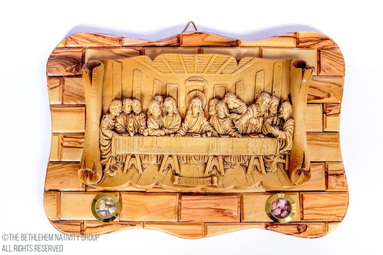 Hand Made Square Olive Wood Wall Plaque With Ceramic Last Supper Clay From Jerusalem, The Holy Land