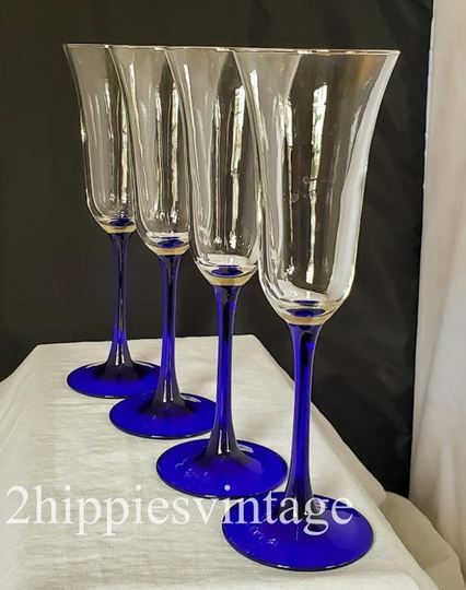 Four Vintage Americana Blue By Cristal D'arques Cobalt Stem Fluted Champagnes