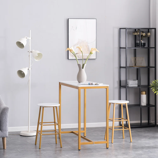 PVC Marble Simple Bar Table Round Bar Stool Golden Paint (One Table And Two Stools) White