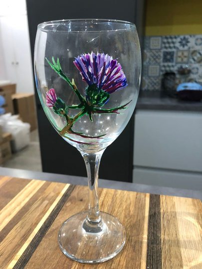 Hand Painted Gin Glass Thistle Design. Names Can Be Added. Birthday Gift