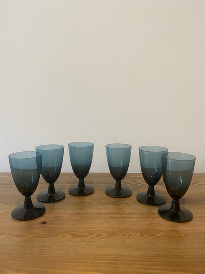 Set Of Six Stunning Grey Blue Small Wine Glasses Vintage Tulip Form