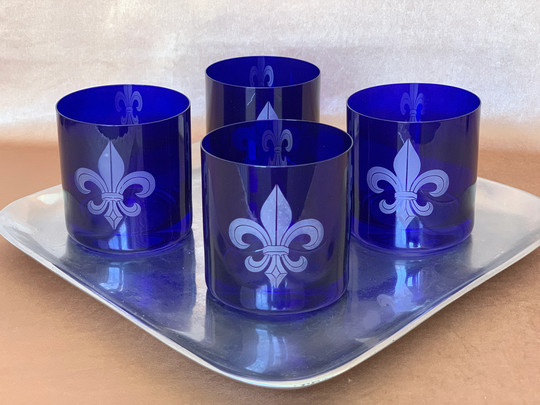 4 Vintage Cobalt Blue Double On The Rocks Cocktail Glasses With New Orleans Fleur De Lis Design, Hand Crafted Cut To Clear Crystal Barware