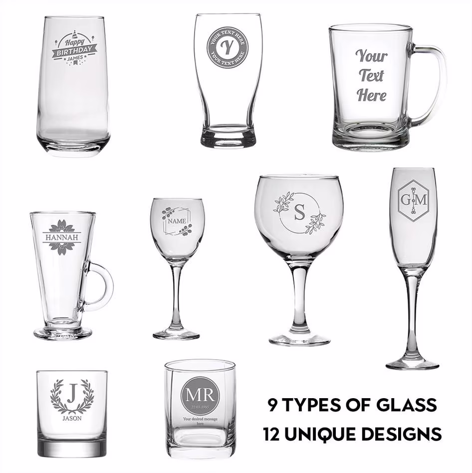 Personalised Glass Engraved Glasses Gift, Custom Text On Glassware, Bespoke Etched Drinking