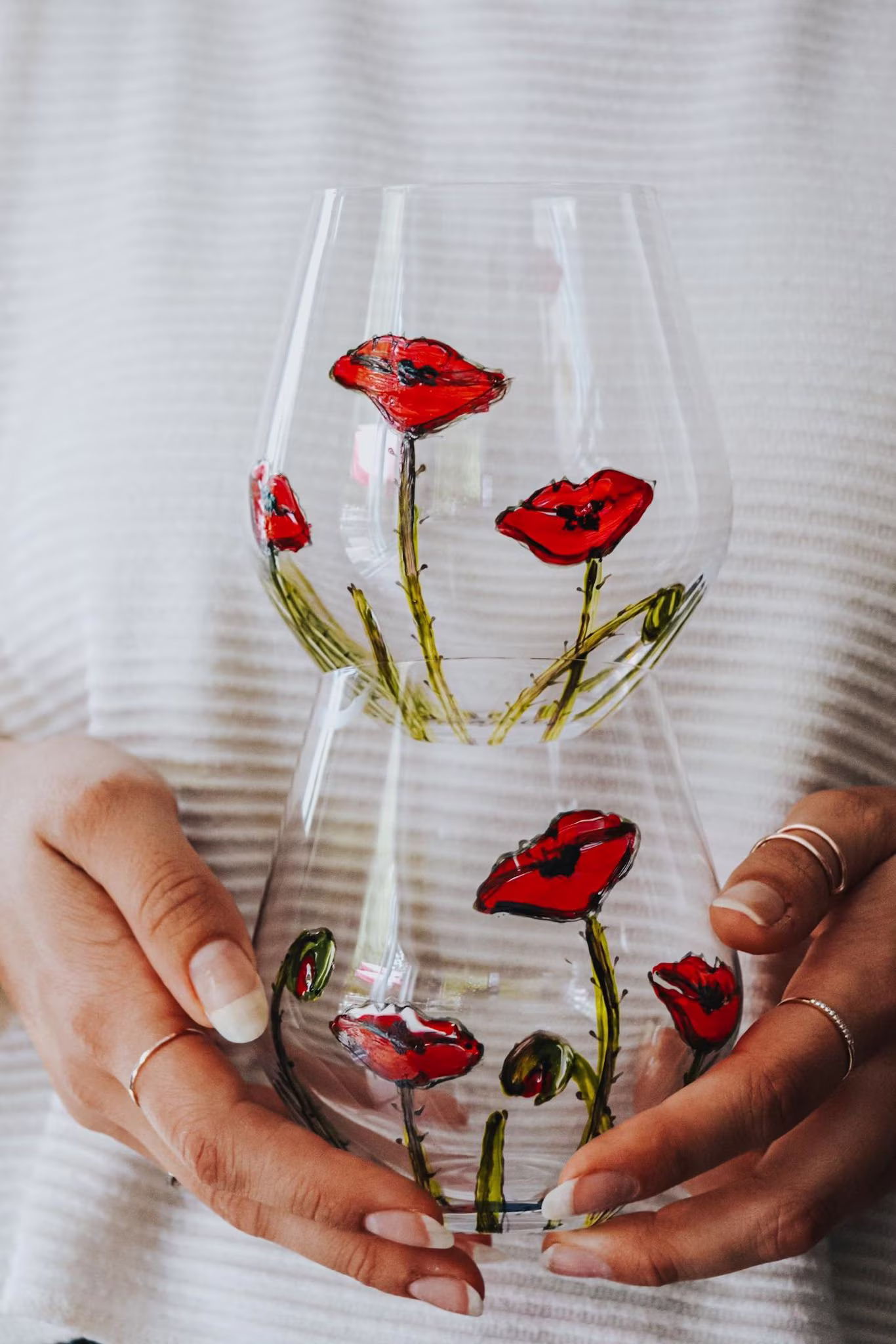 stemless Glasses, Set Of 2, Perfect For Wine, Juice Or Cocktail, 2 Red Poppies, Handpainted, 16 Oz. Gift Anniversary, Wedding, Teacher