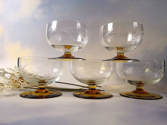 Set Of 5 Etched Dessert/Cocktail Glasses With Amber Stems