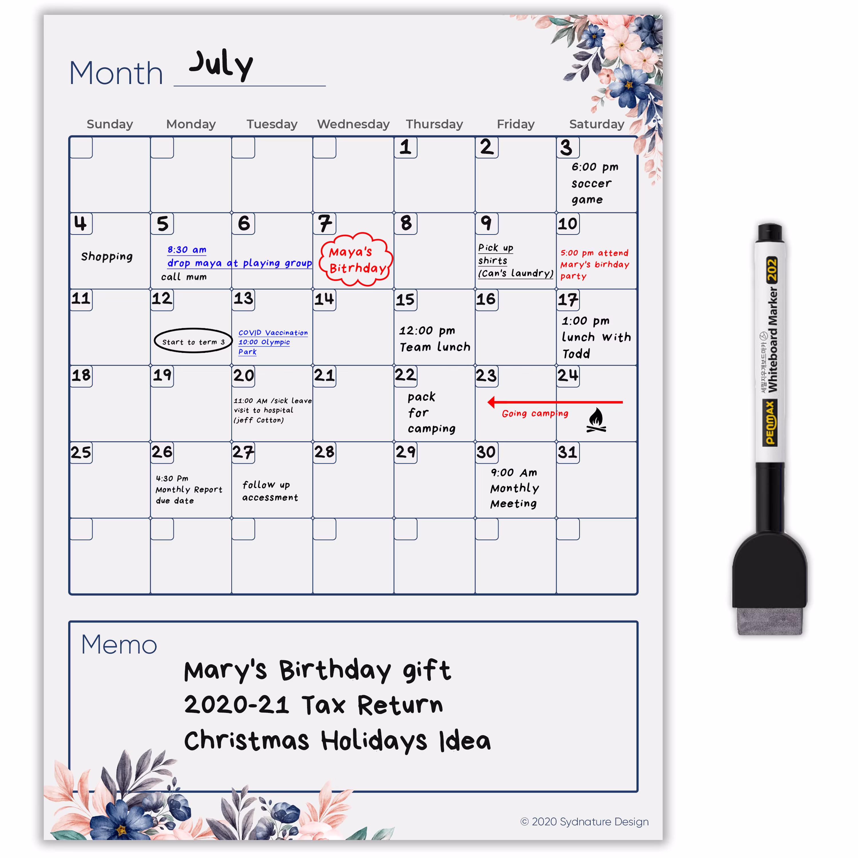 Stick-On Magic Sticker Non-Magnetic Dry Erase Calendar, Watercolour Botanical Aussie Design, Self-Adhesive Planner For Fridge, Window
