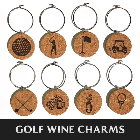 Golfers Wine Charm Set - Golf Theme | Set Of 8 Cork Glass Charms Lover Gift, Hostess Unique Gift