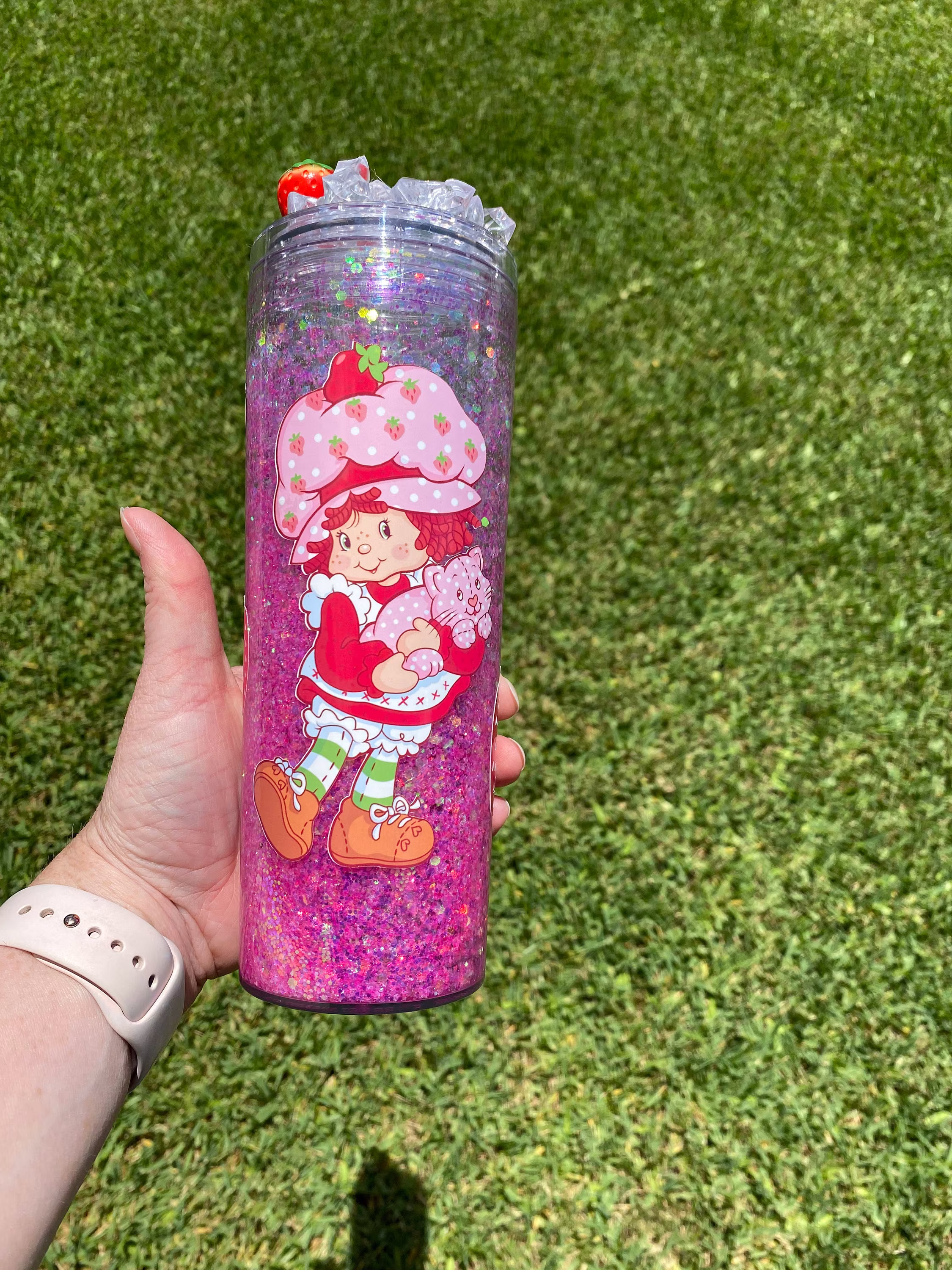 Strawberry Shortcake Glitter Tumbler , Strawberry 80's Snow Globe