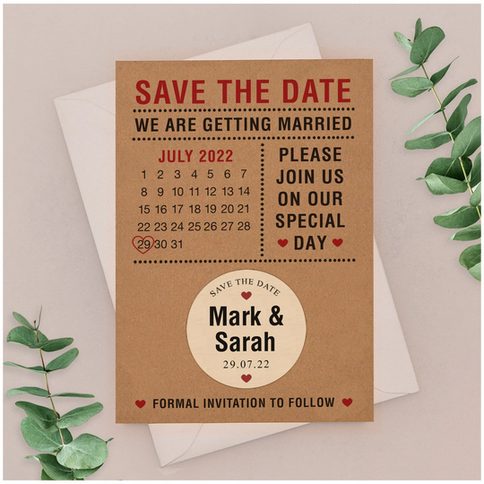 Save The Date Magnet Calendar - Personalised Card Wooden Kraft