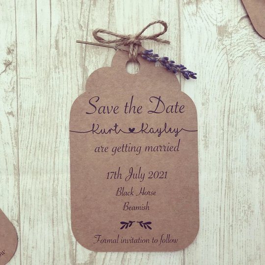 Rustic Save The Date, Vintage Lavender & Twine Tag, Elegant Text Design