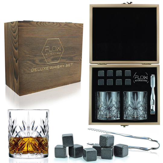 Deluxe Crystal Whisky Glasses & Whiskey Stones Wooden Gift Box Set by FLOW Barware - Old Fashioned Italian Crystal Whisky Glass Tumblers