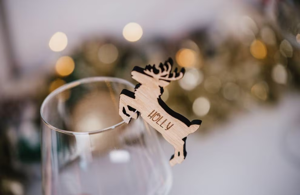 Reindeer Personalised Glass Place Setting. Christmas 2021 Name Card For Wine Or Any