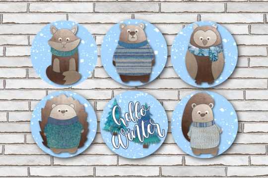Hello Winter Forest Animals Magnet Set Or Pinback Buttons/Of 6 1.25