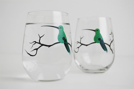 Hummingbirds Stemless Wine Glasses - Set Of 2 Drinking Glasses, Gifts For Her, Green Bird Home Decor