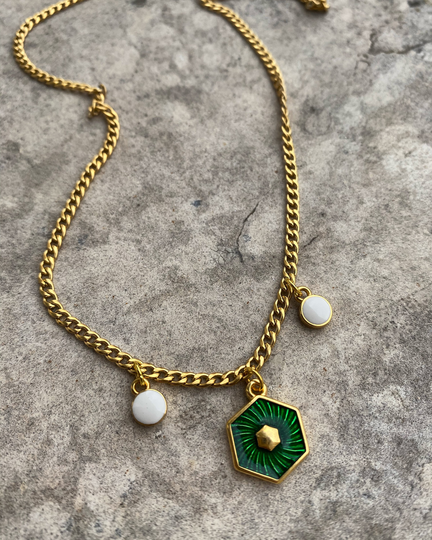 Gold Hexagon Necklace, Green Pendant, Disc Shaker Geometric Gold Layering Charm Necklace