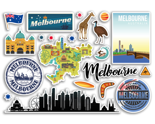 A5 Sticker Sheet Melbourne Landmarks Vinyl Stickers - Australia City Airport Stamps Skyline Flag Travel Holiday Scrapbook Aesthetic #79139