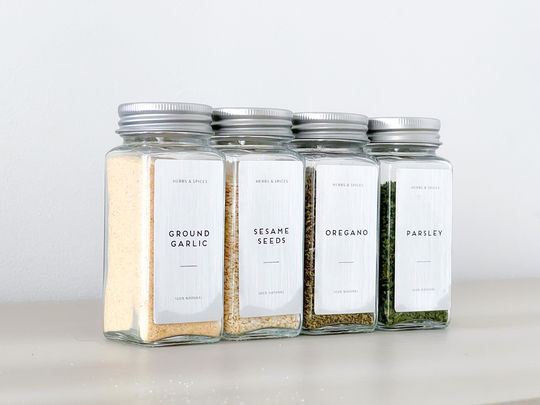Labelled Square Spice Jars With Shaker Inside Tops & Brushed Silver Lids - Set Of 6 Home Organisation Waterproof Silver Labels