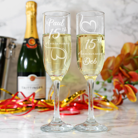 Personalised Engraved 15Th Wedding Anniversary Champagne Glass Set | 15 Years Married Glasses Set Of 2