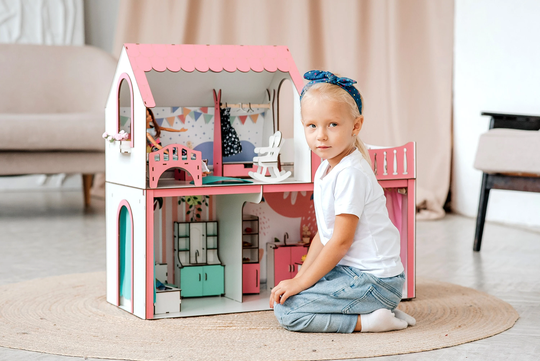 Wood Dollhouse With Bathroom, Kitchen & Living Room Furniture | 15 Pcs, Mini Toys Accessories Set