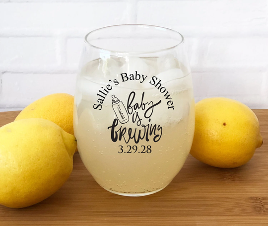 Printed 24 Pieces Of Baby Is Brewing Personalized Stemless Wine Glass Favors - Shower {Item#858D-S}
