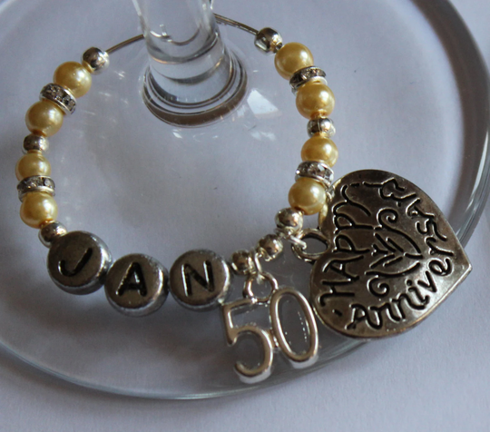 Gold Wedding Anniversary Gift - Wine Glass Charms Personalised 50 Years