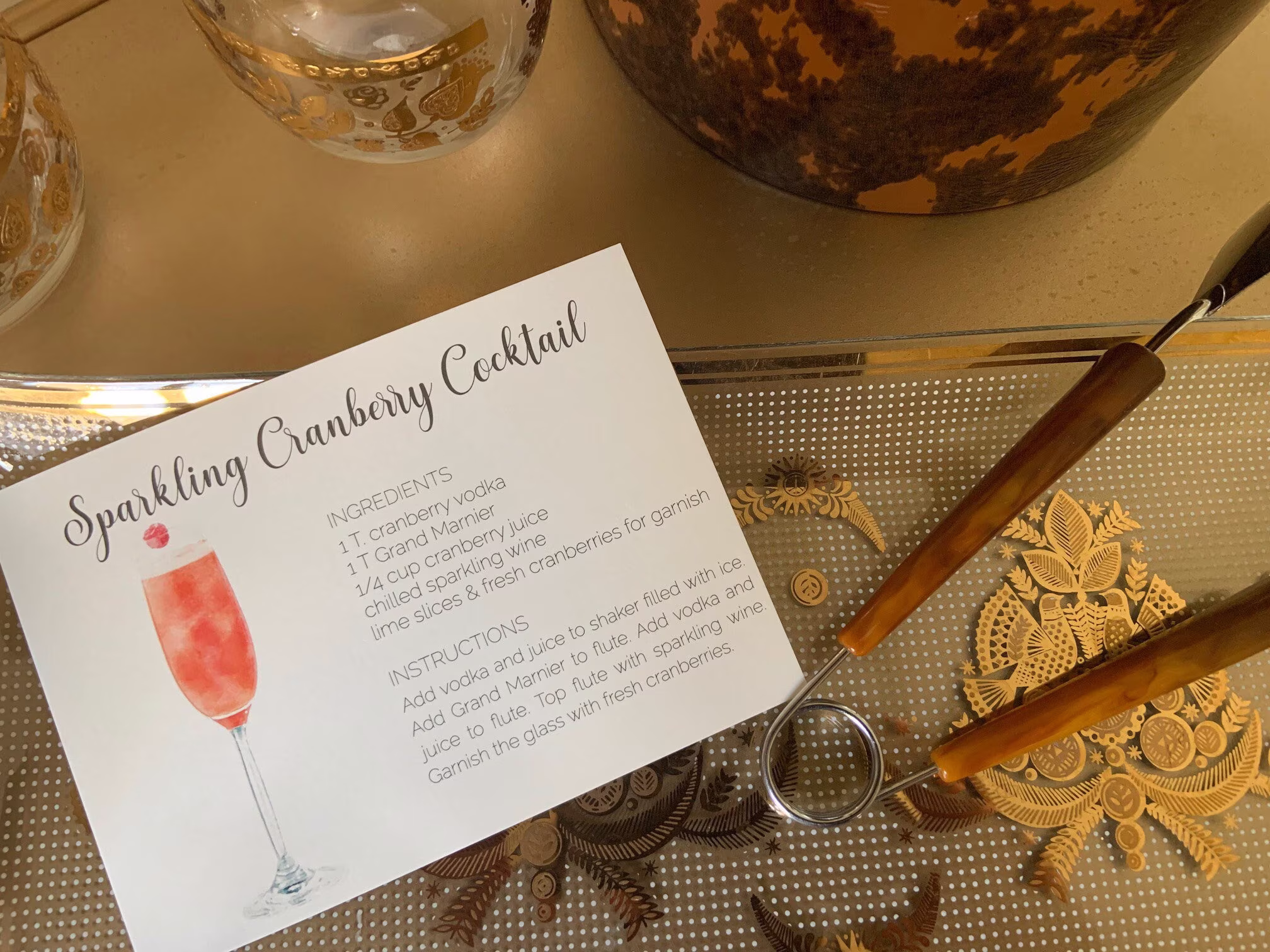 Cocktail Recipe Card, Gift Tag, Sparkling Cranberry Recipe, Gifts, Hostess Stock The Bar Champagne