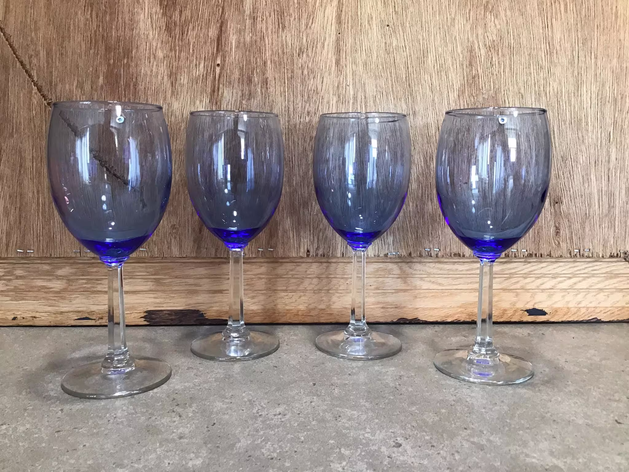 4 Blue With Clear Stem Wine Glasses - Set Of Four