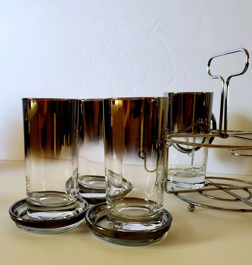 Mid Century Modern Sidney Sigetti Vitreon Queen Lustreware Hi-Ball Cocktail Glass Bar Set With Caddy & Coaster S/4