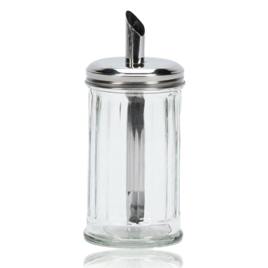 Clear Glass Sugar Pourer Dispenser Shaker Stainless Steel Top Lid Kitchenware