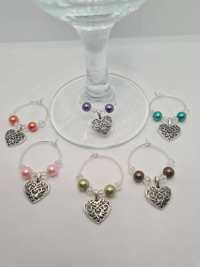 Filigree Heart Wine Glass Charms - Set Of 6
