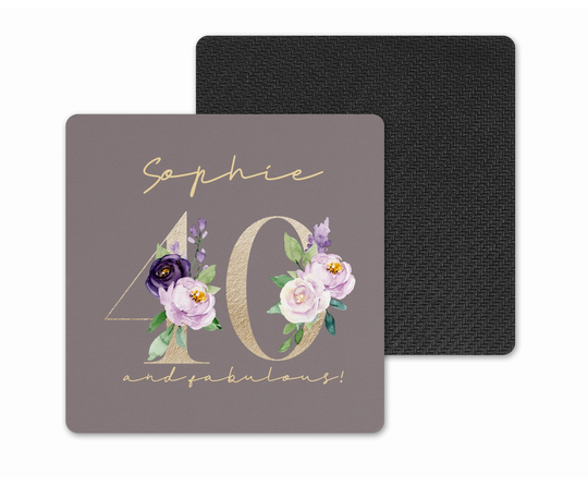 Personalised Coaster.. Wooden Drinks 40Th Birthday Keepsake Gift.. 40 & Fabulous... Gold & Purple Floral