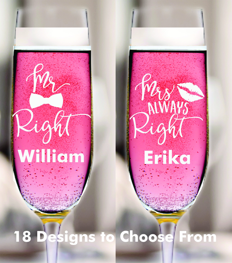 Wedding Gift Champagne Flutes Mr Right & Mrs Always Toast , 2Pc Set Glass, Bridal Shower Toasting