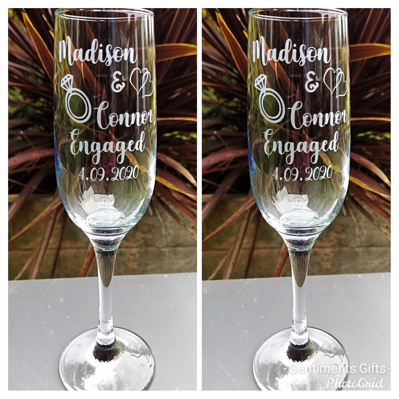Pair Of Personalised Engraved Engagement Champagne Flutes, With Name & Date, Gift, Ring