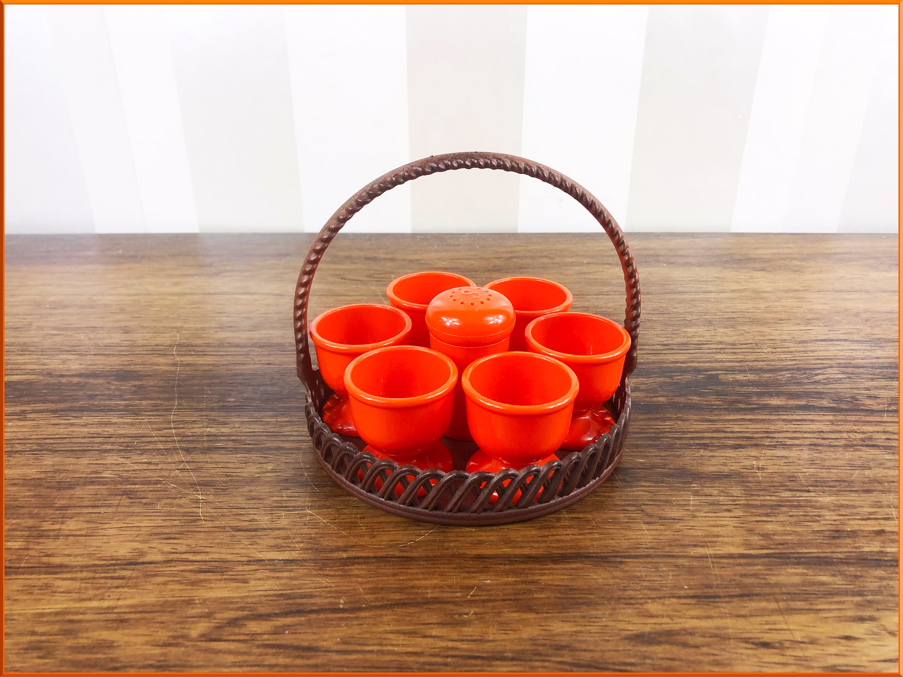 Vintage Emsa West Germany Egg Cup Basket Set Stand Orange Melamine Retro Kitsch Kitchenalia - 1960S