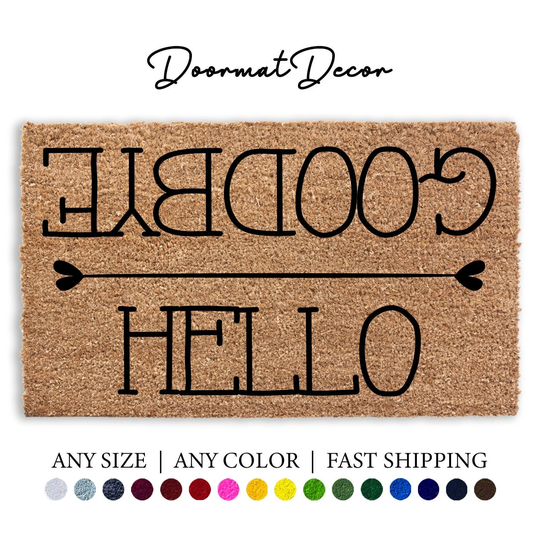 Hello Goodbye Hearts Doormat, Flocked Coir Door Mat, Hi Rug, Outdoor Welcome Personalized Custom Client Gift