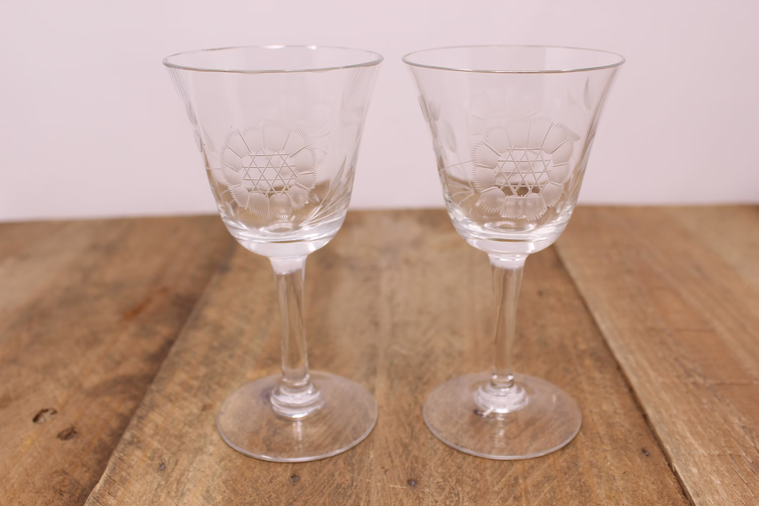 2 Hughes Cornflower - Etched Design Port Wine Glasses Optic Bowls With Straight Stem