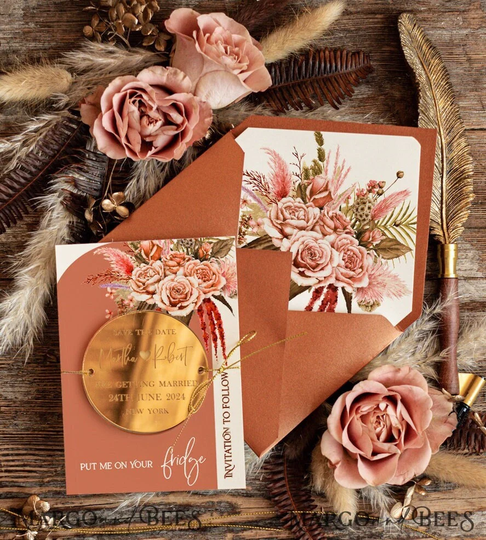 Terracotta Arch Save The Dates Gold Acrylic Date Magnet Card Wedding The Plexi Magnets, Boho