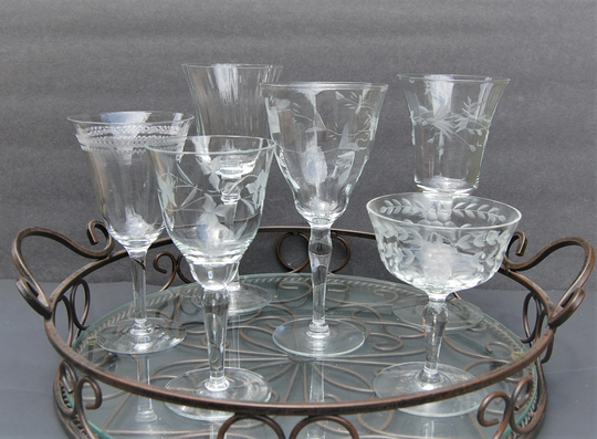 Set Of Six | 6 Mismatched Glassware | Mismatched Barware Etched Glasses Vintage Mid Century Wine Cocktail Cordial Glass