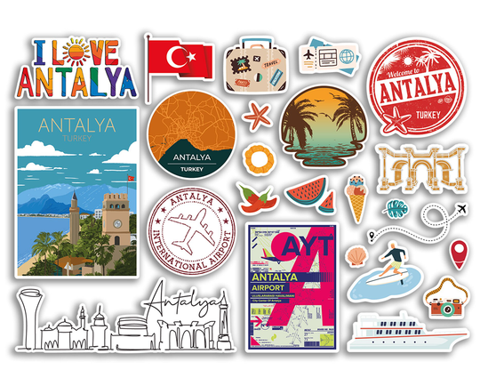 A5 Sticker Sheet Antalya Landmarks Vinyl Stickers - Turkey Turkish Map Airport Stamps Skyline Flag Travel Holiday City Trip Luggage #79095
