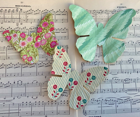 Set Of Three Vintage Metal Magnetic Butterflies Decoupaged With & Japanese Paper For Your Refrigerator Or Inspiration Board