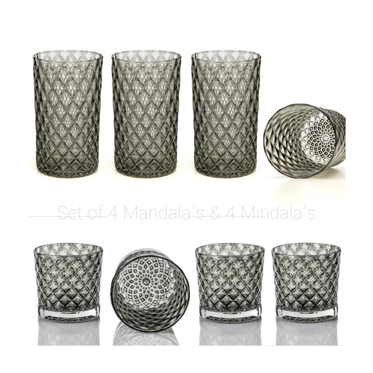 Tonic Mindala & Mandala Glass Set Of 8 - Handblown Glassware | Blown Tumblers Colorful Drinkware Cocktail Glasses Wedding Decor