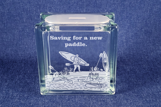 Kayaking Engraved Glass Block Money Box/Savings Box, With Personalised Engraved Message