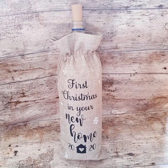 First Christmas in Your New Home Burlap/ Jute Wine Bottle Gift Bag - Drawstring 3 Colours Available Choice Of Design Colour