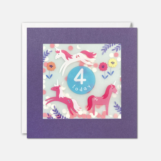 Age 4 Unicorns Birthday Card With Paper Confetti - Shakies By James Ellis