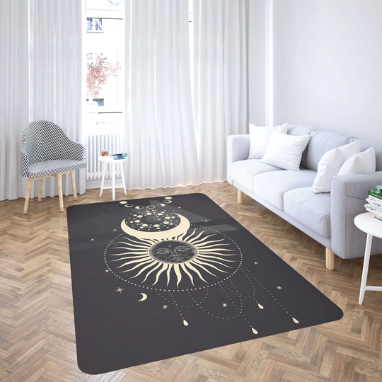 Boho Hand Drawn Sun & Moon - Foldable Rectangular Floor Rug