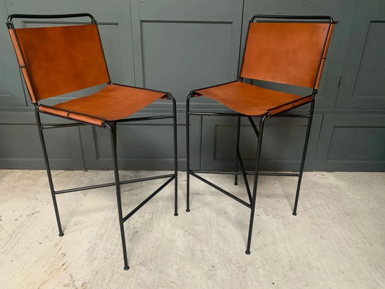 Brand New Pair Of Designer Framed Industrial Style Metal High Back Bar Stools in Tan Leather