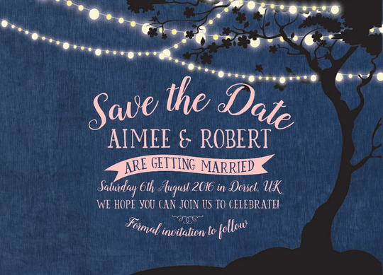 Navy Blue & Pastel Pink Enchanted Fairy Lights Wedding Save The Date Cards