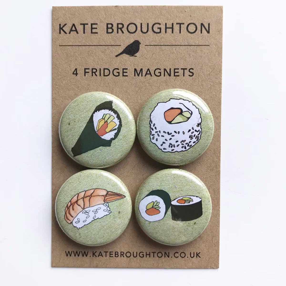 Sushi Fridge Magnets | Set Of Four Temaki , Uramaki Prawn Nigiri Maki Rolls - Illustrated Kitchen Home Gift