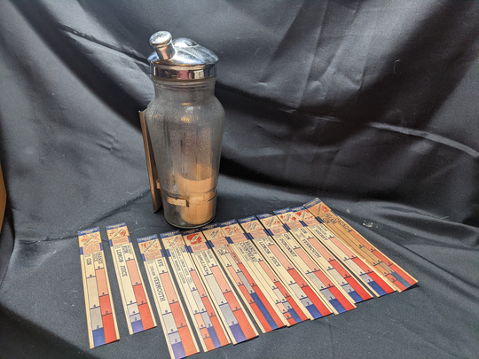 Free Shipping-Vintage 1930's Cheeri-O Glass Cocktail Shaker With Chrome Lid & 12 - Recipe Cards in Holder. See Item Description