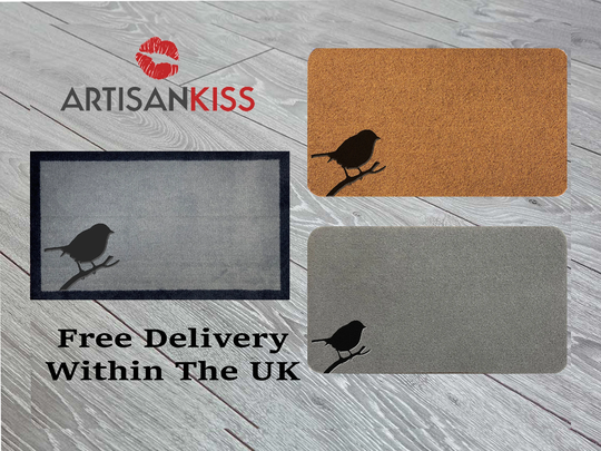 Bird On A Branch Coir Synthetic Nylon Light Grey Brown Cream Green Door Mat 70x40cm Gift